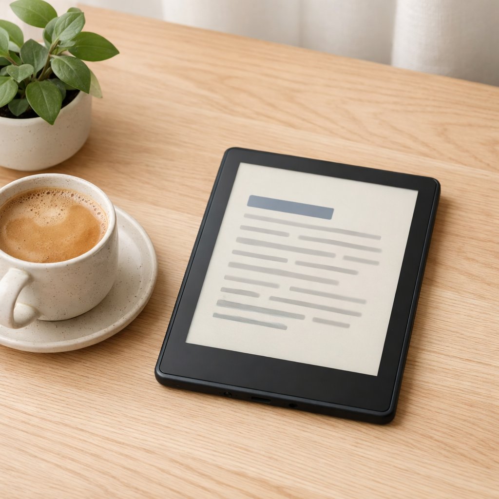 E-bogslæser på et skrivebord i skandinavisk stil