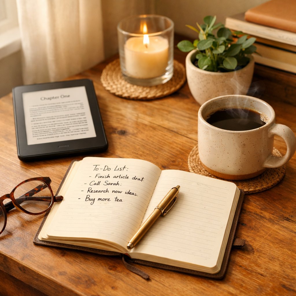 Skrivebord med e-bogslæser og notesbog