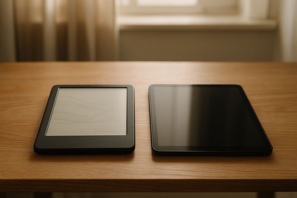 E-bogslæser og tablet side om side på et skrivebord